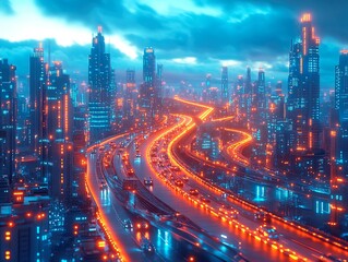 Fototapeta premium A futuristic, rainy night cityscape with blue and orange neon lights, sleek modern architecture, elevated roads bridges, bustling activity, digital art or 3D rendering style