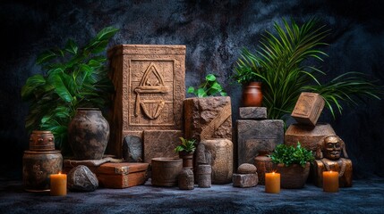 Collection of Small Artifacts Displayed on Velvet Backdrop with Greenery and Candles, Evoking a Sense of History and Nature in a Captivating Arrangement