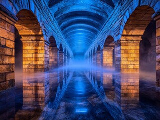 Naklejka premium Mysterious Subterranean Labyrinth with Foggy Corridors and Reflections in a Dark Enchanted Setting