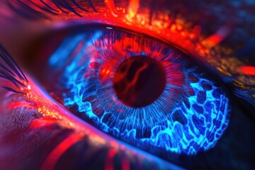 A close-up shot of an eye with blue and red lights