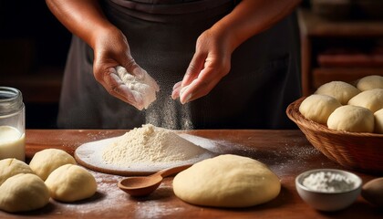 Una persona trabajando la masa sobre una superficie de madera llena de harina