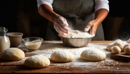 Una persona trabajando la masa sobre una superficie de madera llena de harina