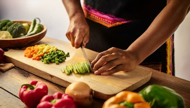 Una persona picando en trozos verduras frescas sobre una tabla de madera lisa dentro de la cocina