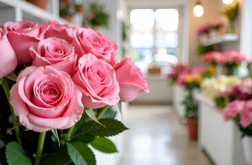 Bouquet of pink roses, flower shop in the background.