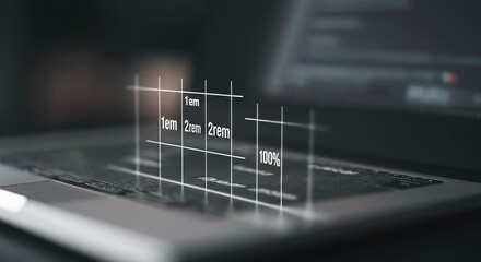 Modern laptop with floating digital interface metrics and coding symbols