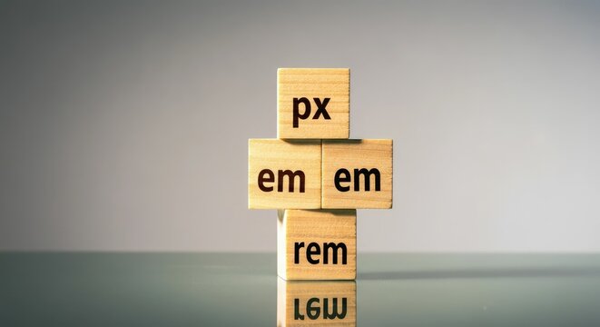 Wooden cubes with text "px," "em," and "rem" on reflective surface, minimalist style