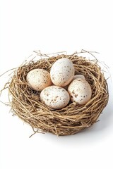 Obraz premium Speckled eggs nestled in a twig nest.