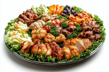 Fototapeta premium Roasted chicken, various meats, vegetables, platter.