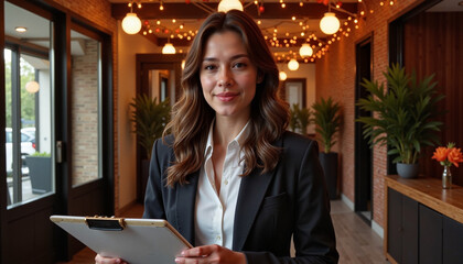 Event manager holding a clipboard in a decorated venue