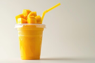 Fresh mango slices served in a clear plastic cup with a straw, ideal for summer snacking or as a healthy dessert option