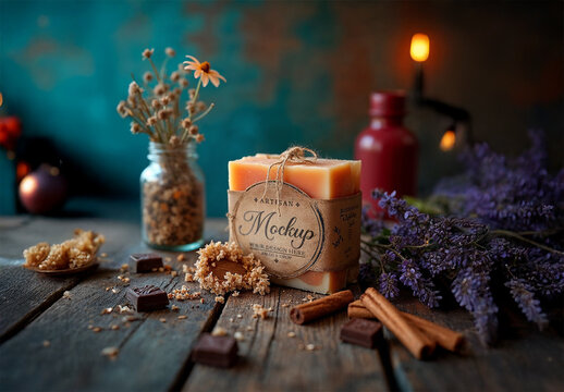 Artisan Soap Mockup With Chocolate Cinnamon Lavender on a Rustic Wood Table