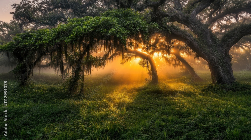 Poster a serene forest scene with sunlight filtering through trees, creating a peaceful atmosphere.
