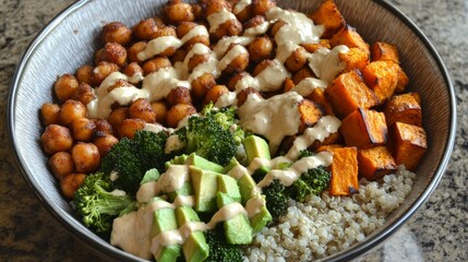 Fototapeta premium A colorful Buddha bowl filled with veggies, grains, and plant-based goodness.