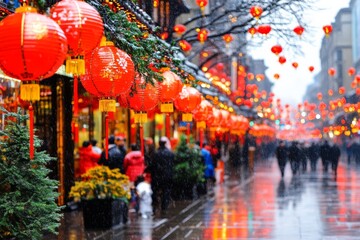 Naklejka premium A bustling street during Spring Festival, adorned with red lanterns, festive decorations, and families enjoying the celebration. Generative AI