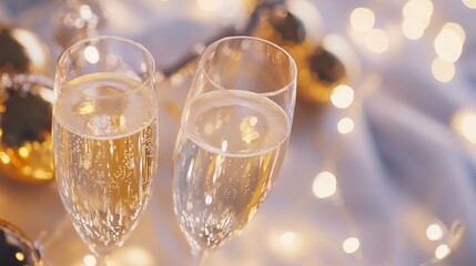New Year's Eve champagne glasses filled with bright festive holiday lights