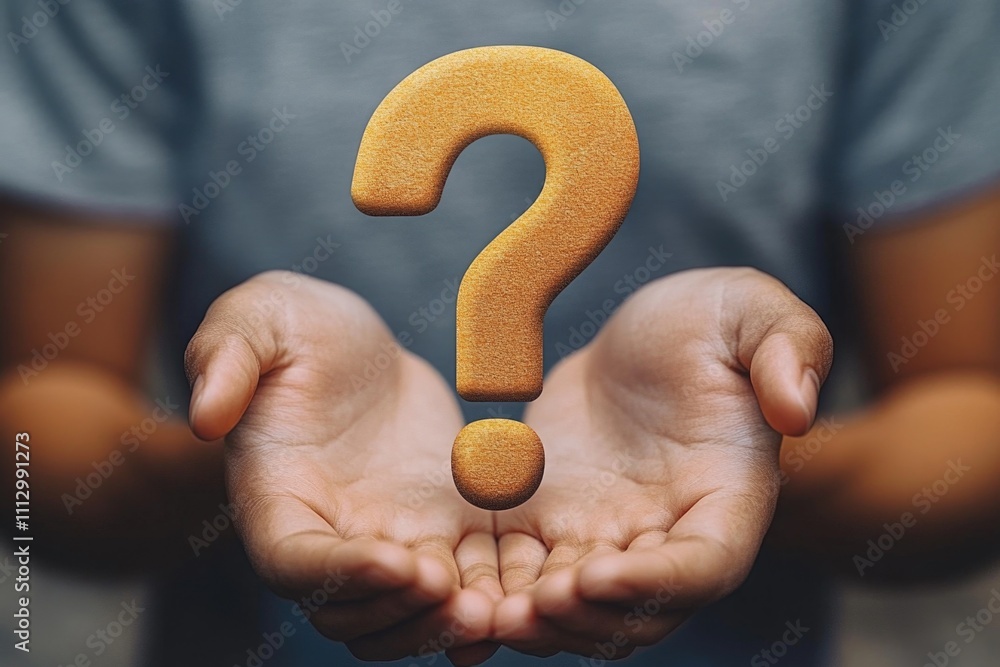 Aufkleber a person questioning or seeking answers with a question mark in hand, suitable for use in illustrati