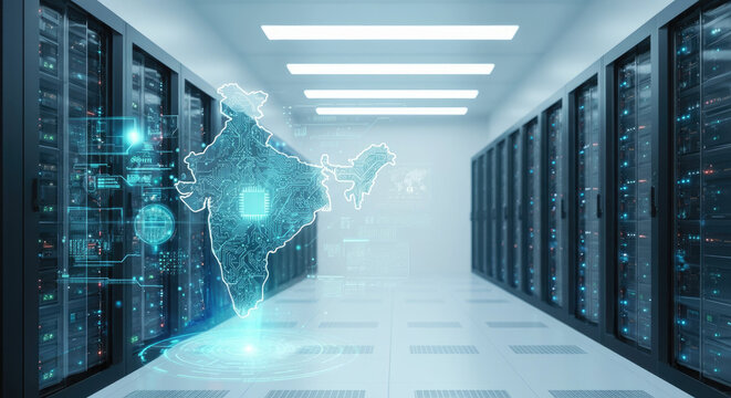 Futuristic server room with hologram of India digital technology concept