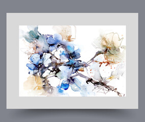 Beautiful flowers arrangement with buds on tree branch blooming after onset of spring. Botanical creative poster with organic flowers on bush growing in garden, for use in trendy design. Print, decor