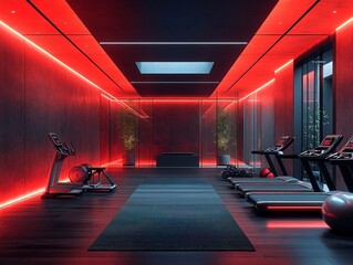 A modern gym with sleek lines, gray and red color scheme, featuring exercise machines, free weights, a neon strip lighting, natural light, recessed ceiling lights, and safety mats