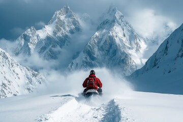 Snowmobiler navigating through snowy mountains on a winter day