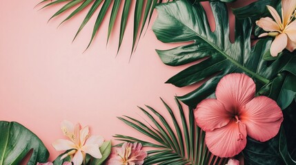 Tropical leaves and flowers on a pastel pink background