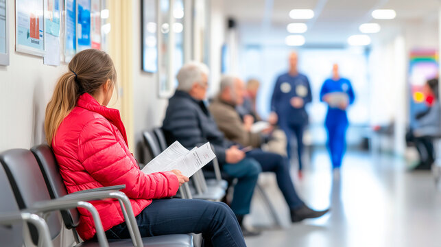 Busy Hospital Waiting Area with Patients and Medical Staff