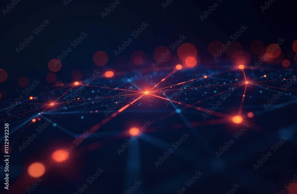 Poster tech and futuristic design: bright red interconnected holographic lines and shapes forming abstract 