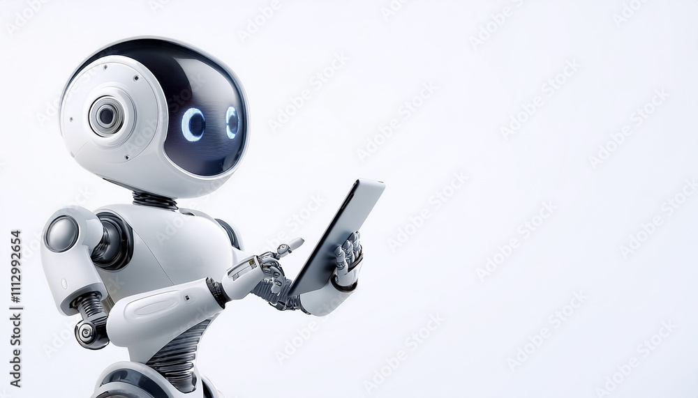 Poster cute ai robot using tablet while standing facing camera