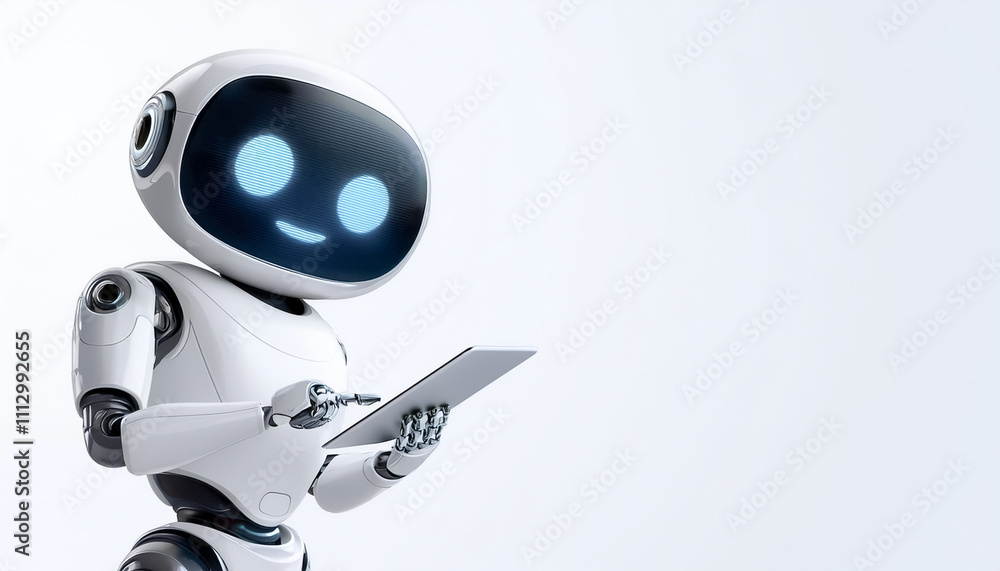 Poster cute ai robot using tablet while standing facing camera