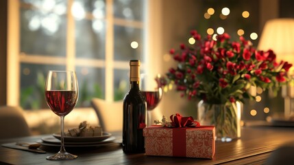 Valentine's Day dining room with flowers, wine, and a gift box on the table
