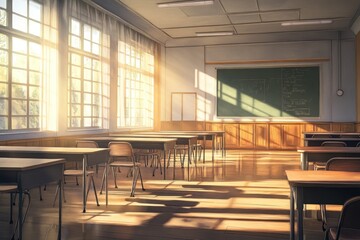Sunlit classroom with desks and chairs, warm light streaming through large windows illuminating the empty space.