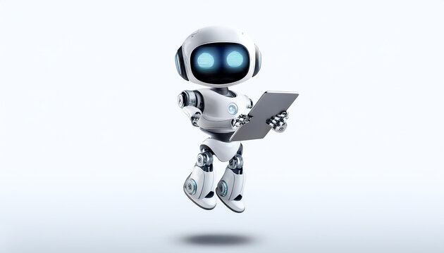 Cute AI robot using tablet while standing facing camera