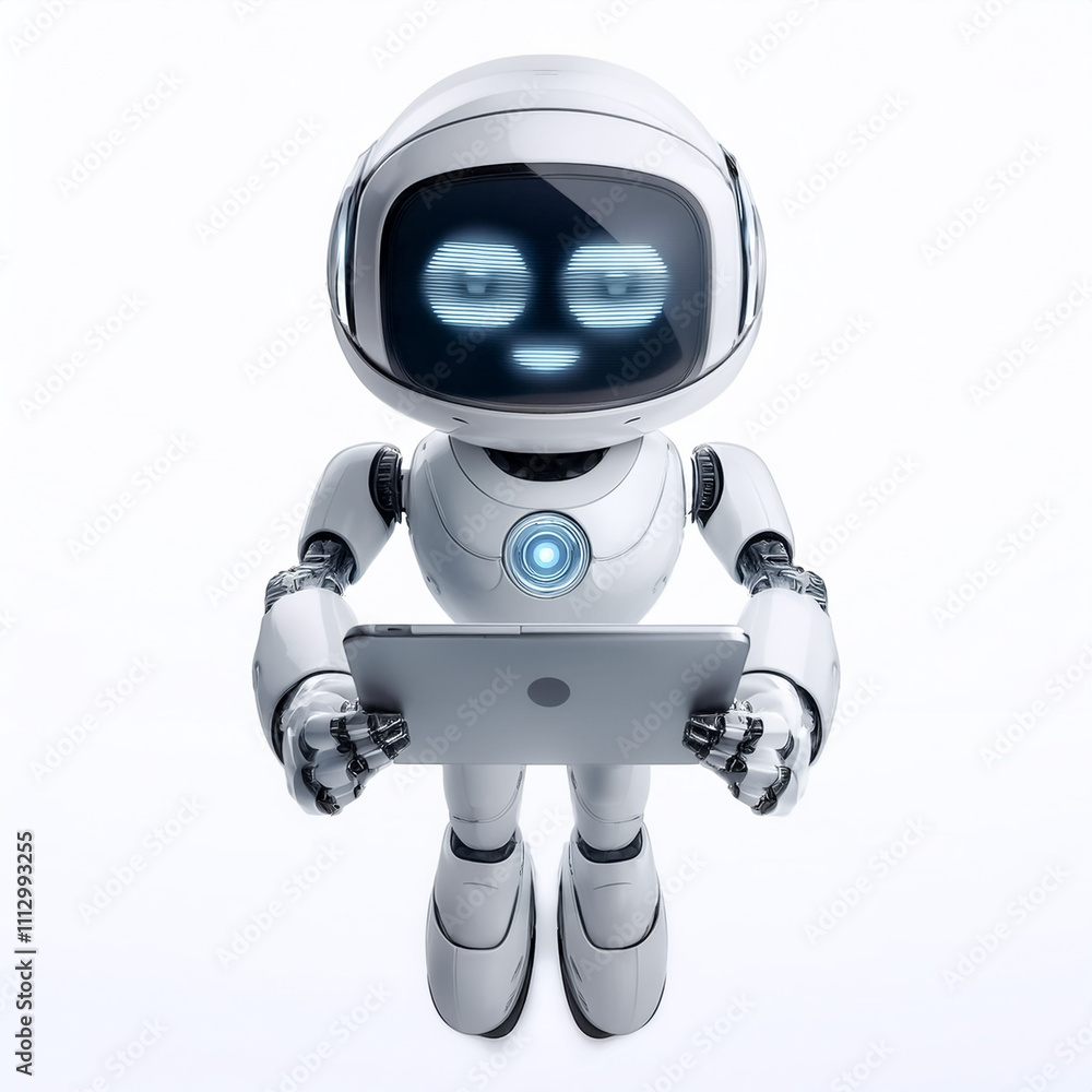 Poster cute ai robot using tablet while standing facing camera