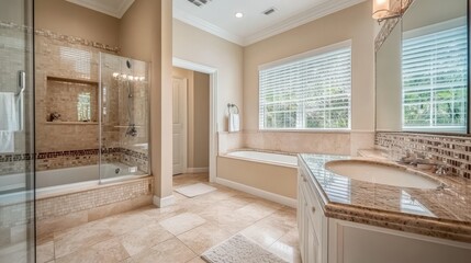 Fototapeta premium Bathroom with a glass shower, bathtub, light beige tiles, and white accents. 
