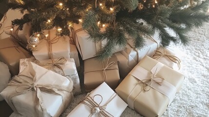Beautifully wrapped gifts under a Christmas tree, perfect for the holiday season