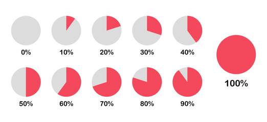 Set of pie chart in red color with increasing percentage 0%, 10%,  20%, 30%, 40%, 50%, 60%, 70%, 80%, 90% and 100%. Circle icons for infographics. Pie chart diagrams. © GraphicSpark
