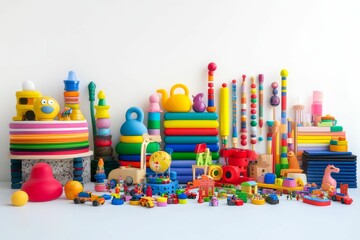Colorful toy collection; diverse shapes, sizes, textures.