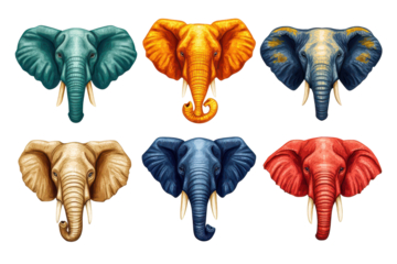 set of elephant heads on an isolated white background