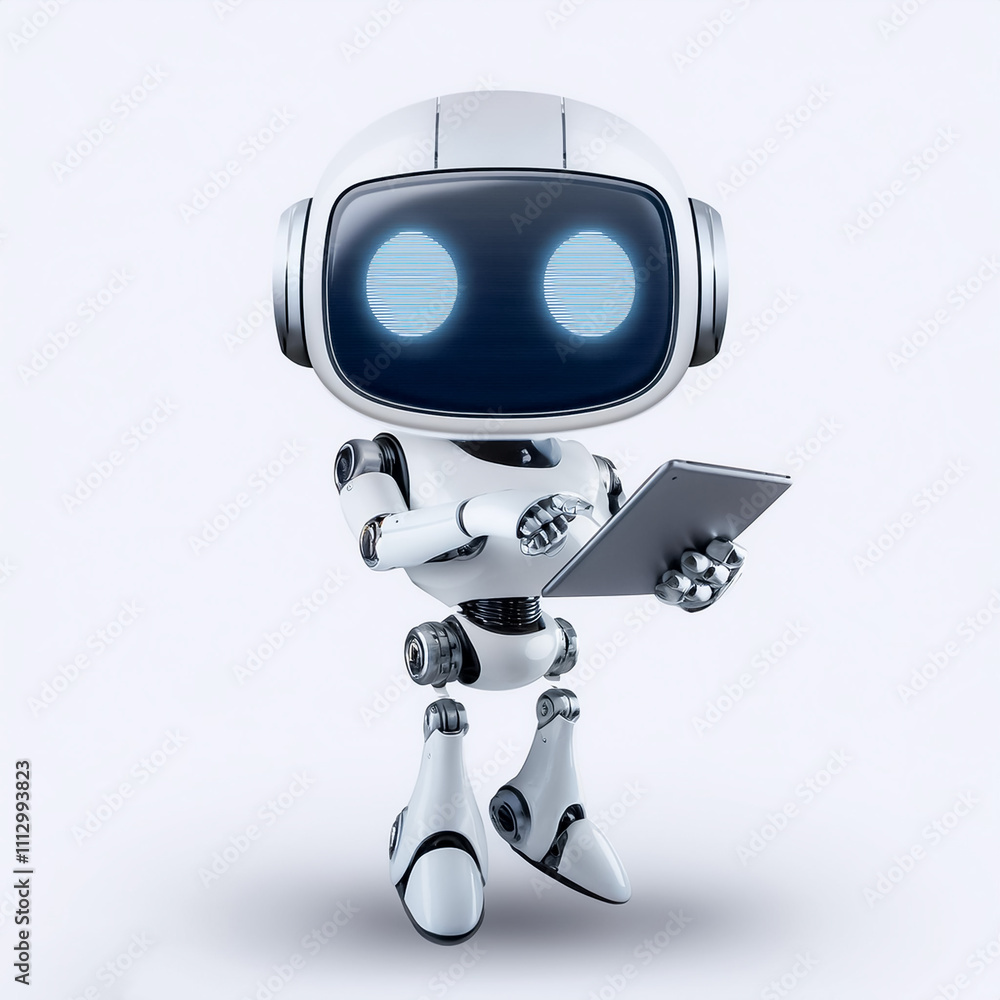 Aufkleber cute ai robot using tablet while standing facing camera
