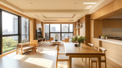 Fototapeta premium Bright apartment with muted tones, wooden panels, and a connected dining area
