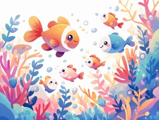 Colorful underwater scene featuring cheerful fish and vibrant coral.