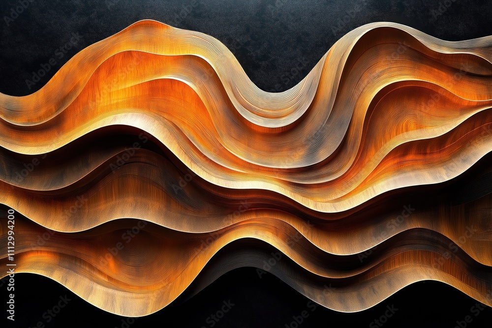 Poster abstract design of wood carving layers with wavy patterns. gold, dark brown hues create dynamic visu