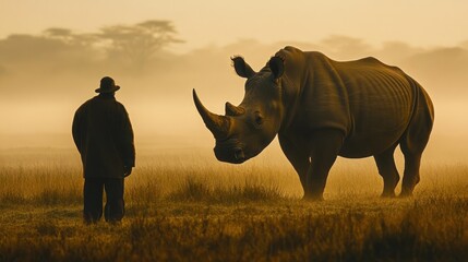 Obraz premium A serene encounter between a man and a rhinoceros in a misty landscape at dawn.