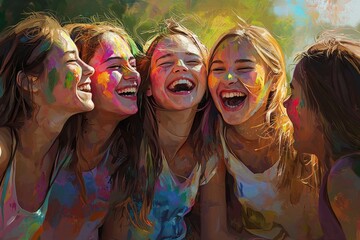 Fototapeta premium Five joyful girls sharing laughter and color in a vibrant, playful celebration of youth and friendship.