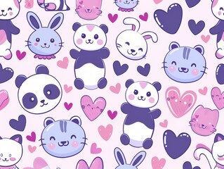 Obraz premium Cute cartoon animals and hearts in a playful pattern for decoration.
