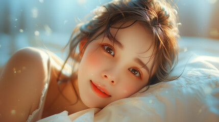 Smiling pretty lady waking up in early morning after sleep.
