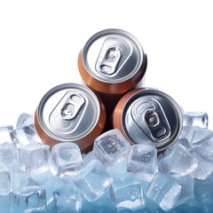 cold drink cans on top of a pile of ice cubes on white