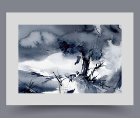 Night storm breaking tree with flying branches, located on hill under dark sky with clouds. Trendy surrealistic poster with storm damaging nature and destroying forests with rare weak plants