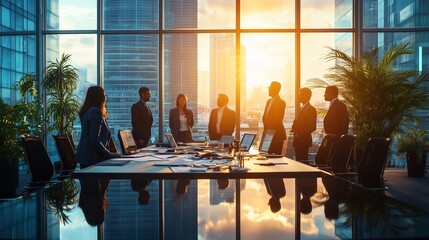 A diverse team brainstorms at a modern office, energized by sunlight and city views, driving innovation.