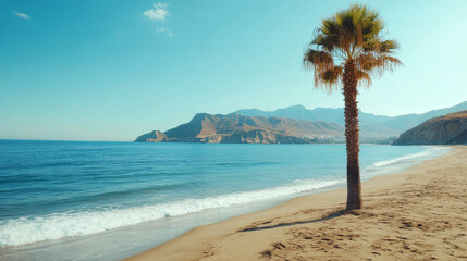 A palm tree stands on a sandy beach with mountains in the background under a clear blue sky. Concept: Relaxation, nature, tranquility.